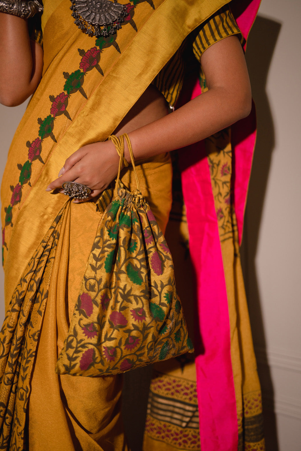 MUSTARD HAND BLOCKED SAREE SET