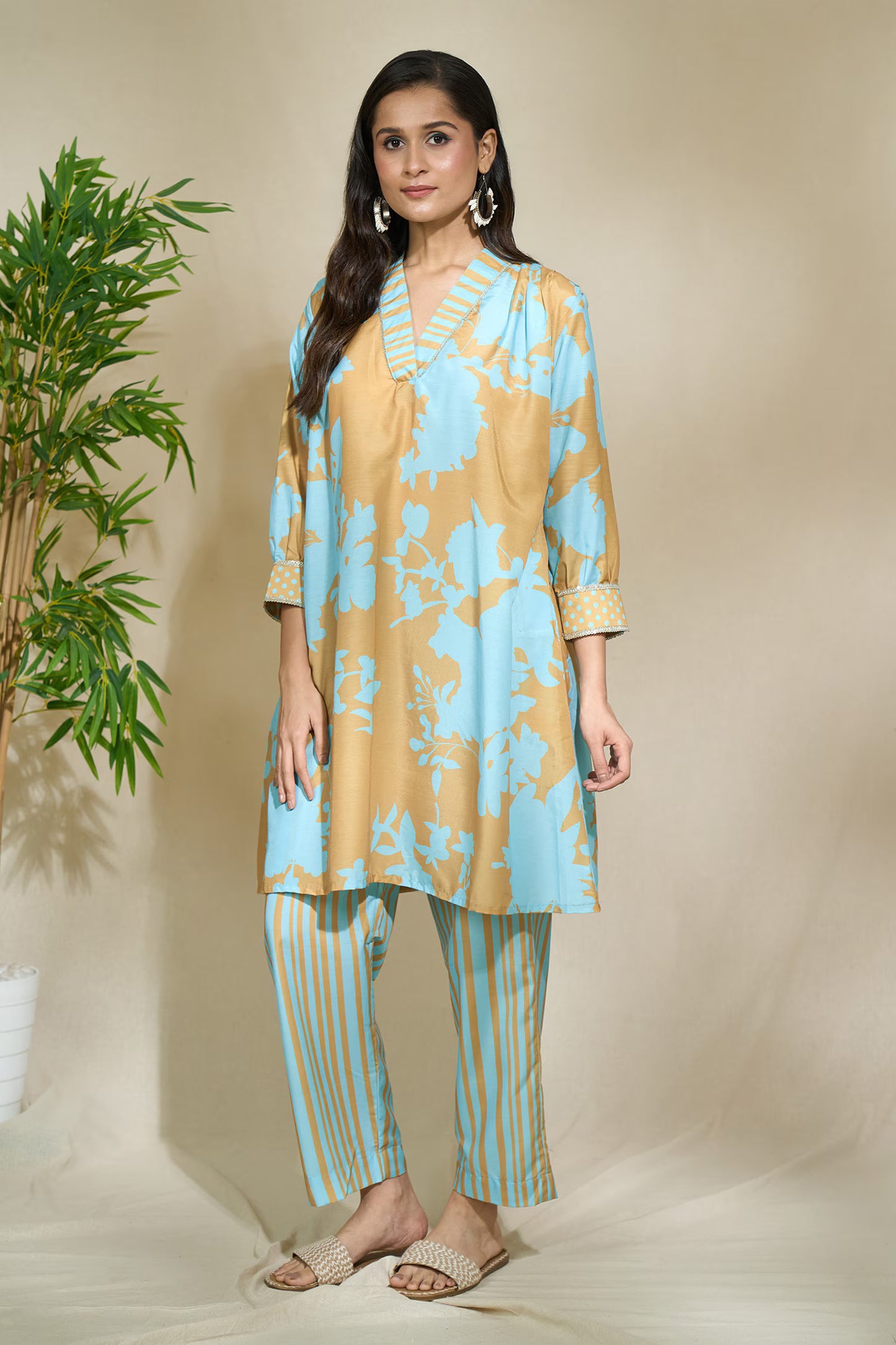 MUSTARD TRI PRINT TUNIC SET