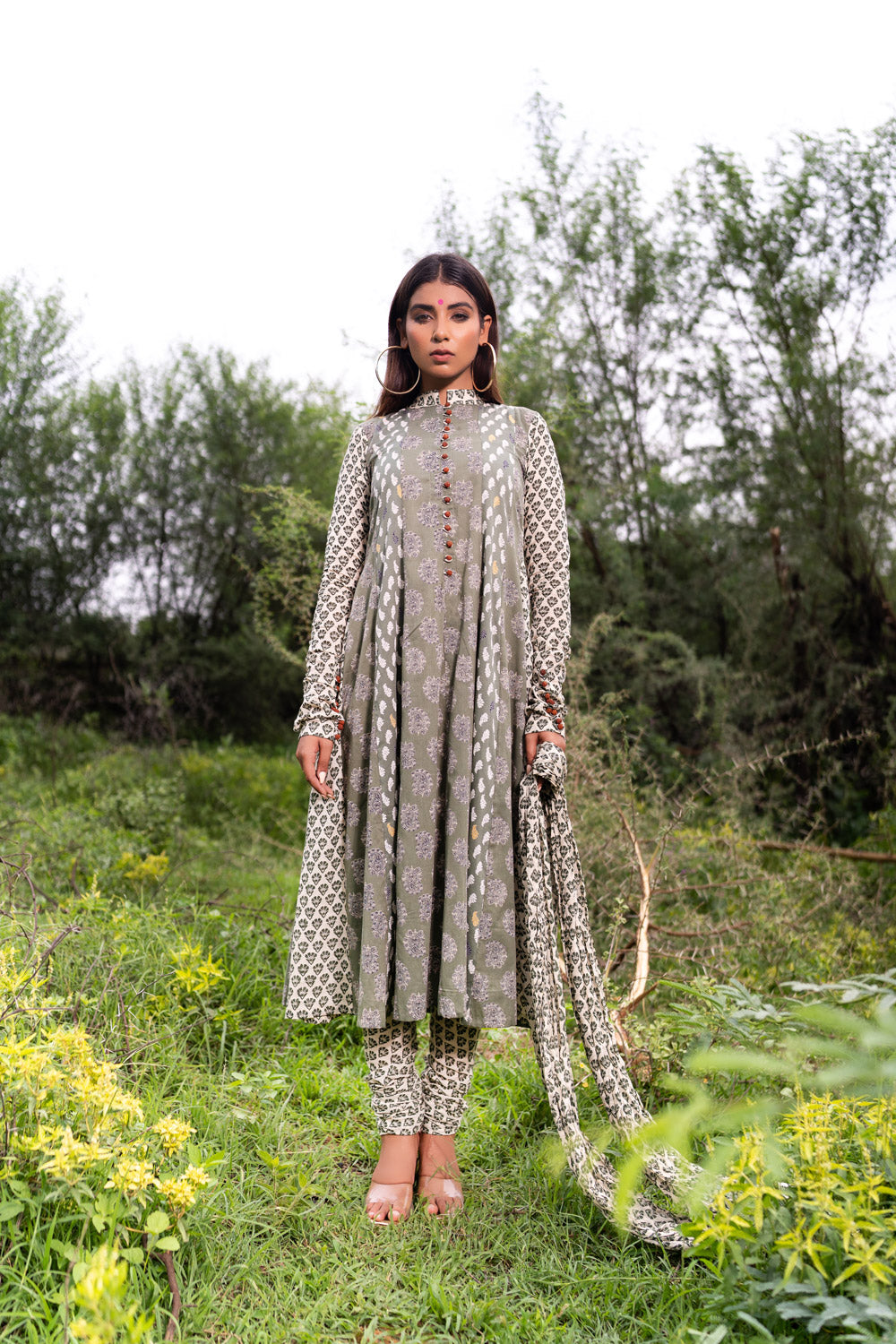 OLIVE MULTIPRINT ANARKALI SET