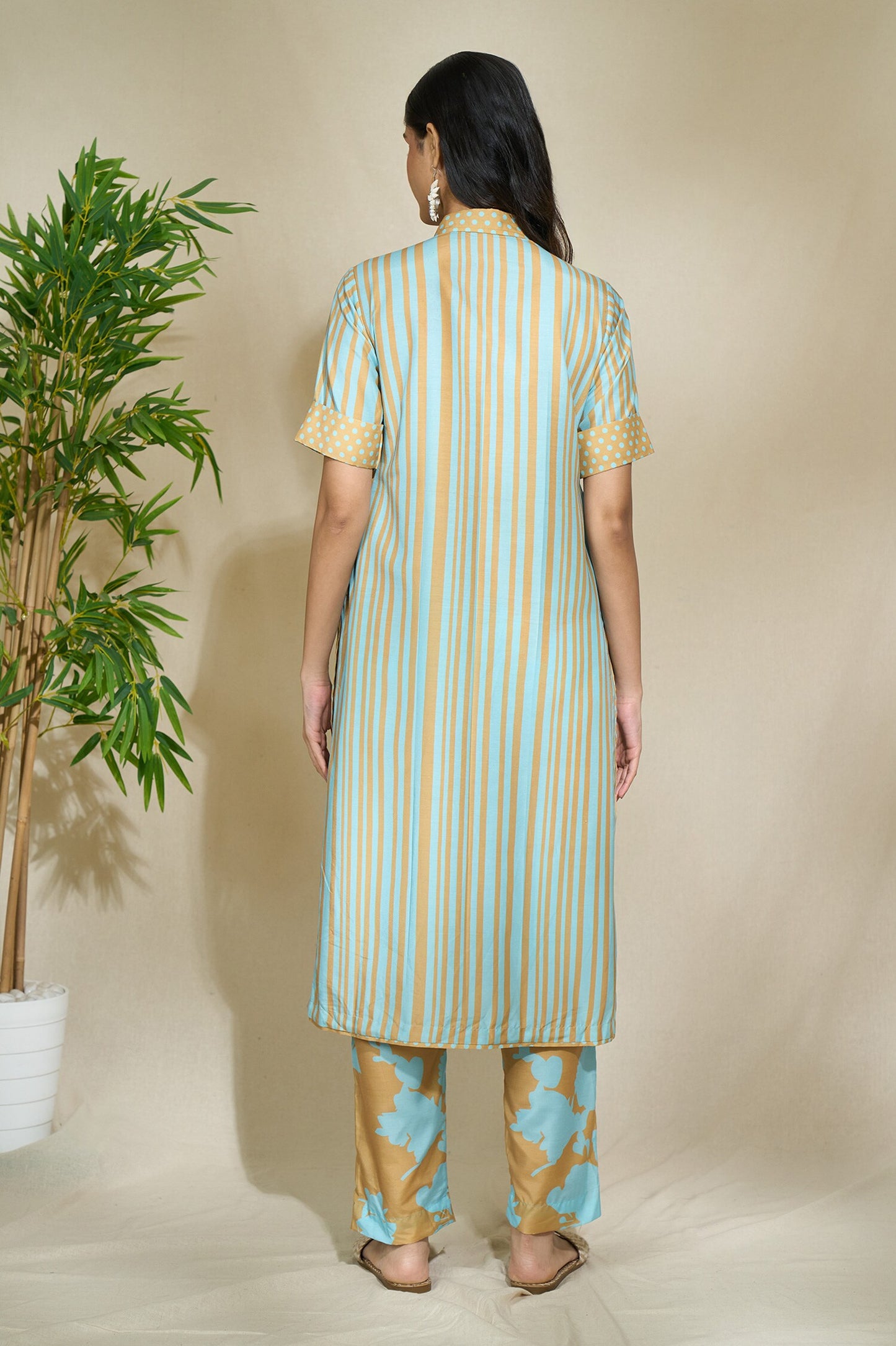 MUSTARD TRI PRINT LONG SHIRT SET